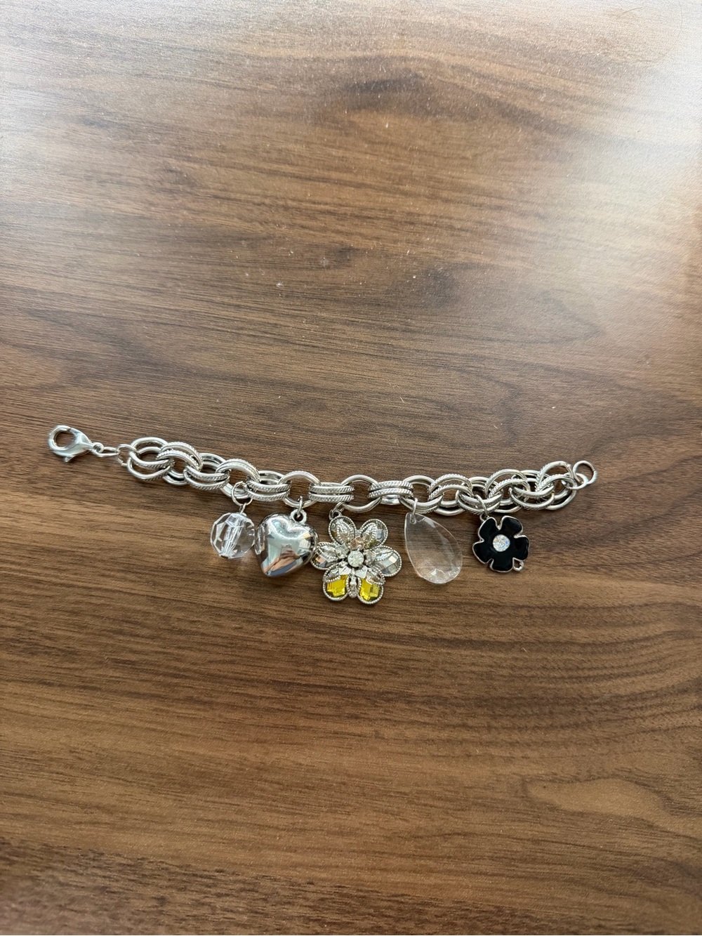 Silver-Tone Charm Bracelet with Floral and Crystal Charms - Yellow & Clear